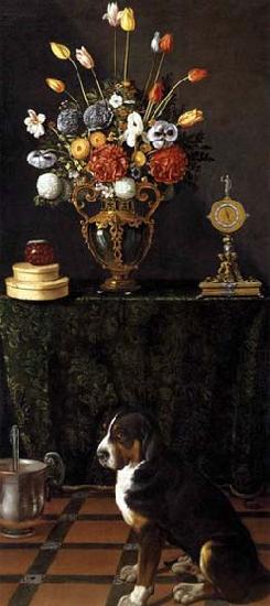 HAMEN, Juan van der Still Life with Flowers and a Dog oil painting image